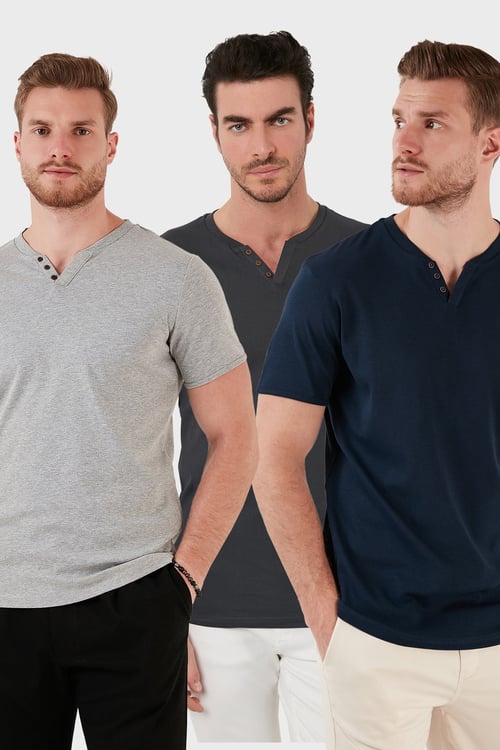 Pamuklu Düğme Detaylı Regular Fit V Yaka 3'lü Paket Erkek T Shirt 5902122S3 Antrasit-İndigo-Gri Melanj