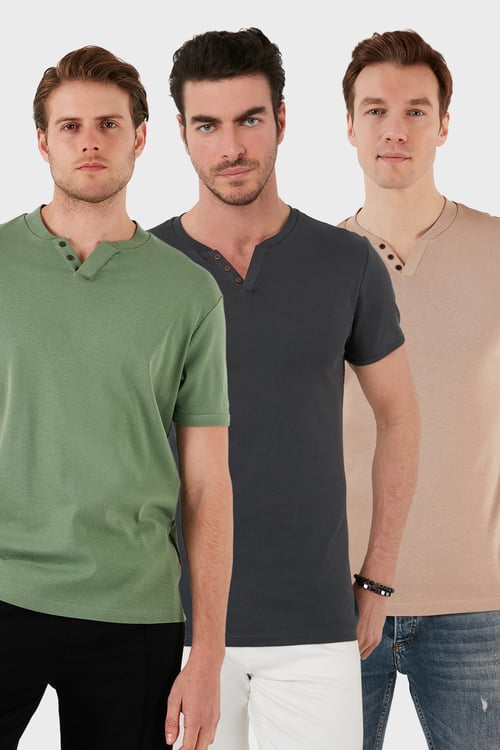 Pamuklu Düğme Detaylı Regular Fit V Yaka 3'lü Paket Erkek T Shirt 5902122S3 Antrasit-Elma Yeşili-Taş