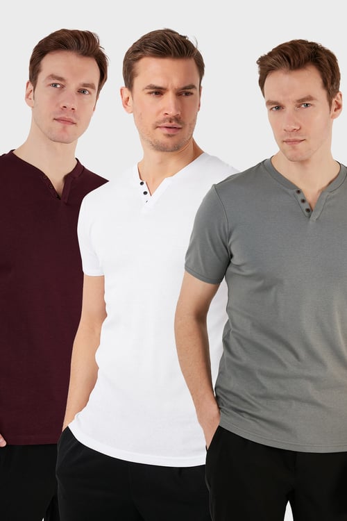 Pamuklu Düğme Detaylı Regular Fit V Yaka 3'lü Paket Erkek T Shirt 5902122S3 Beyaz-Vişne-Açık Haki