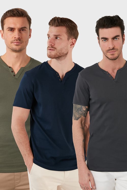 Pamuklu Düğme Detaylı Regular Fit V Yaka 3'lü Paket Erkek T Shirt 5902122S3 Haki-Antrasit-İndigo
