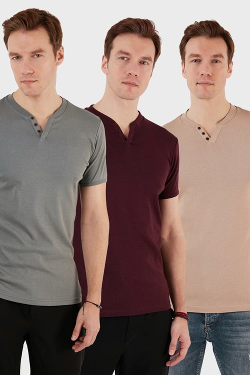 Pamuklu Düğme Detaylı Regular Fit V Yaka 3'lü Paket Erkek T Shirt 5902122S3 Vişne-Taş-Açık Haki