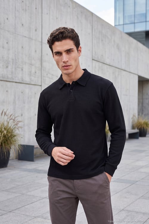 Pamuklu Düğmeli Erkek Polo Yaka Sweat 5905838 SİYAH