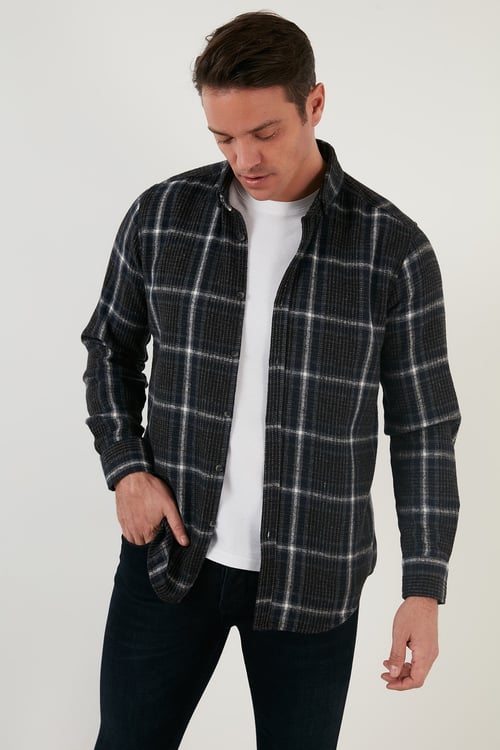 Pamuklu Ekoseli Slim Fit Kışlık Erkek Gömlek CF23W114662 LACİVERT