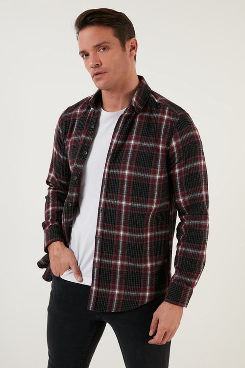 Pamuklu Ekoseli Slim Fit Kışlık Erkek Gömlek CF23W114662 BORDO