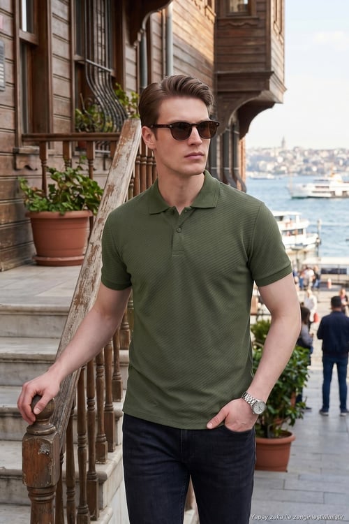 Pamuklu Kısa Kollu Düğmeli Erkek Polo T Shirt 5904049 HAKİ