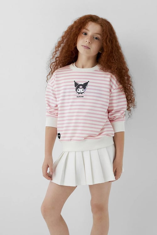 Pamuklu Loose Fit Bisiklet Yaka Desenli Kız Çocuk Sweat 7S10201-91630 PEMBE-BEYAZ