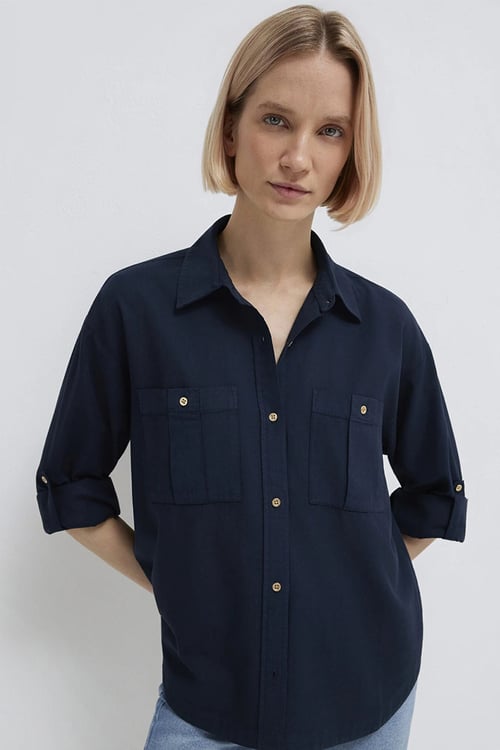 Pamuklu Loose Fit Göğüs Cepli Kadın Gömlek 1211383-70492 LACİVERT