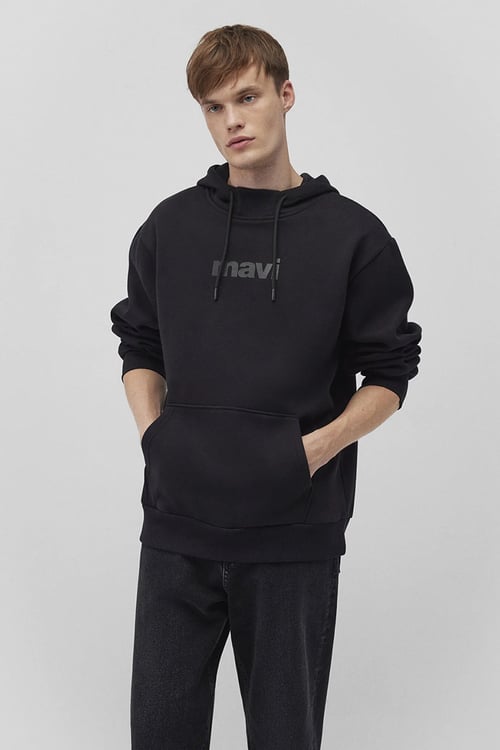Pamuklu Loose Fit Kapüşonlu Şardonlu Erkek Sweat 0610960-900 SİYAH