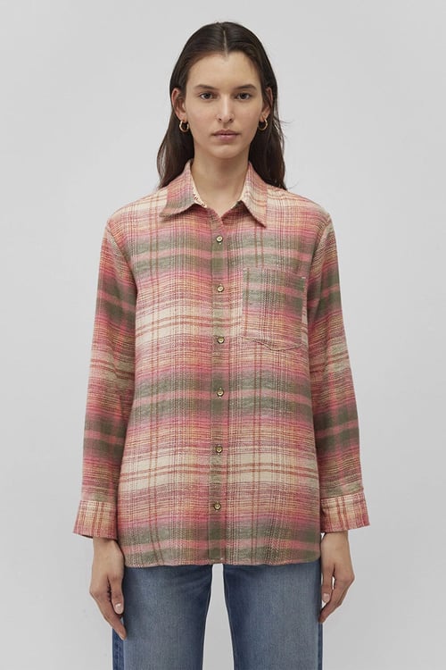 Pamuklu Loose Fit Kareli Kadın Gömlek 1210609-85860 Turuncu-Pembe