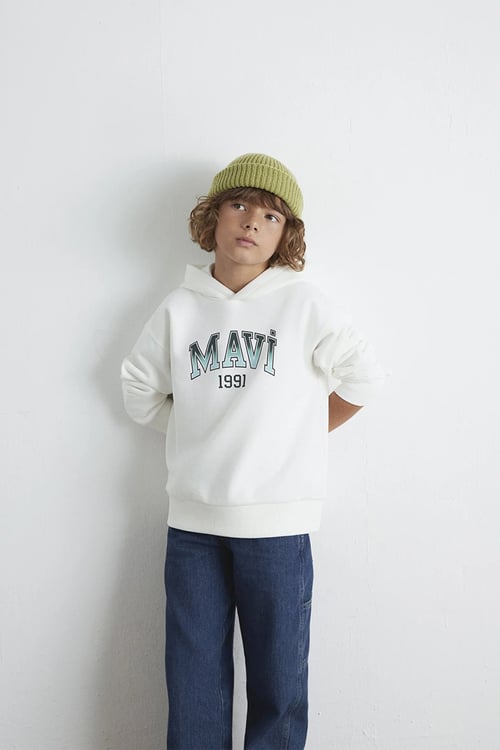 Pamuklu Loose Fit Logolu Kapüşon Yaka Erkek Çocuk Sweat 6S10167-70057 EKRU