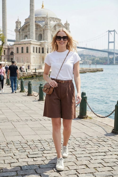 Pamuklu Loose Fit Pileli Kemerli Bermuda Kadın Şort 668YP5439 KAHVE