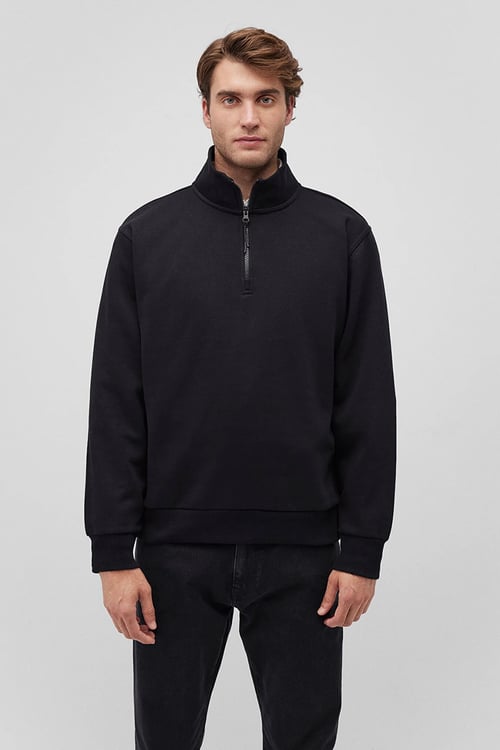Pamuklu Loose Fit Şardonlu Yarım Fermuarlı Dik Yaka Erkek Sweat 0S10278-900 SİYAH