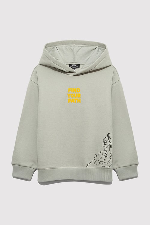 Pamuklu Loose Fit Sırt Baskılı Kapüşonlu Erkek Çocuk Sweat 6S10149-70155 AÇIK HAKİ