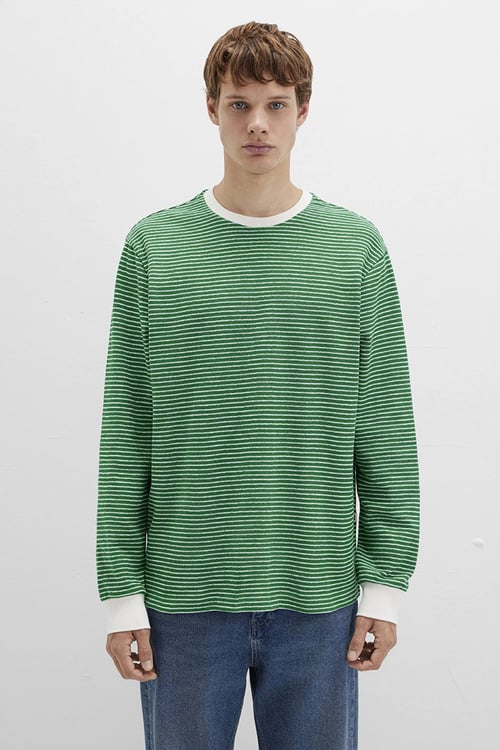 Pamuklu Loose Fit Uzun Kollu Erkek T Shirt 0613038-85916 YEŞİL-BEYAZ