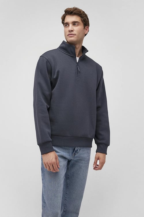 Pamuklu Loose Fit Yarım Fermuarlı Şardonlu Basic Erkek Sweat 0S10278-87822 LACİVERT