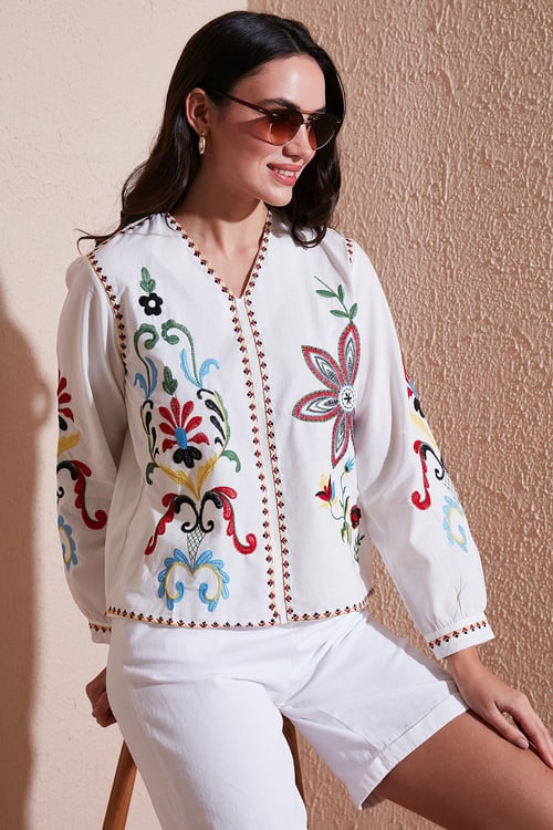Pamuklu Nakış işlemeli Oversize Fit V Yaka Kadın Bluz 676254 EKRU