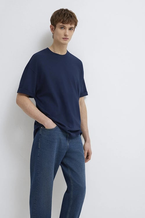 Pamuklu Oversize Bisiklet Yaka Basic Erkek T Shirt 0613113-82318 KOYU LACIVERT