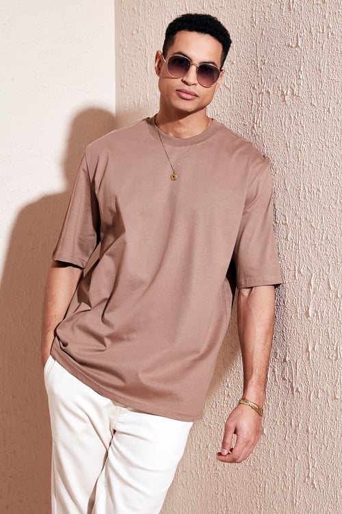 Pamuklu Oversize Bisiklet Yaka Basic Erkek T Shirt 5902365 TOPRAK