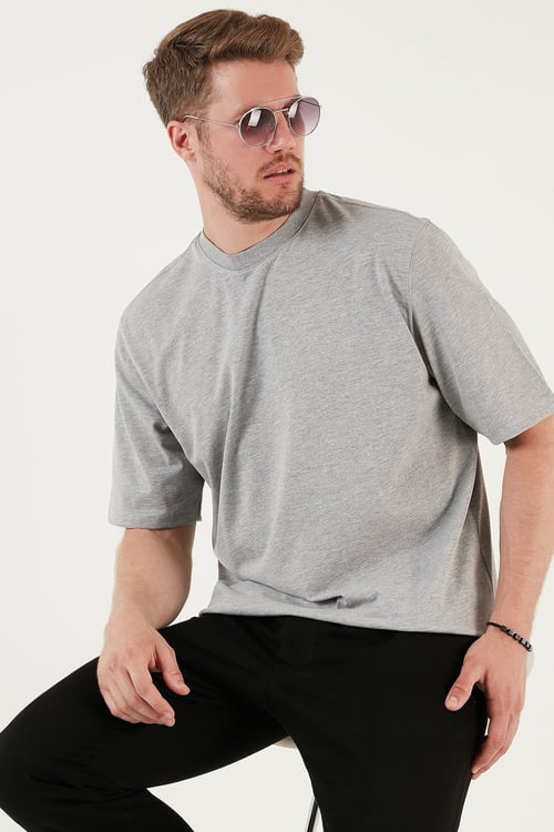 Pamuklu Oversize Bisiklet Yaka Basic Erkek T Shirt 5902365 GRİ MELANJ