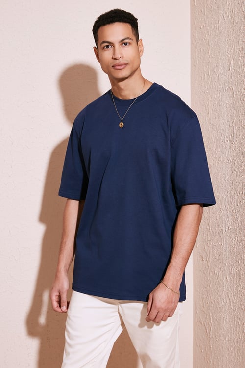 Pamuklu Oversize Bisiklet Yaka Basic Erkek T Shirt 5902365 İNDİGO