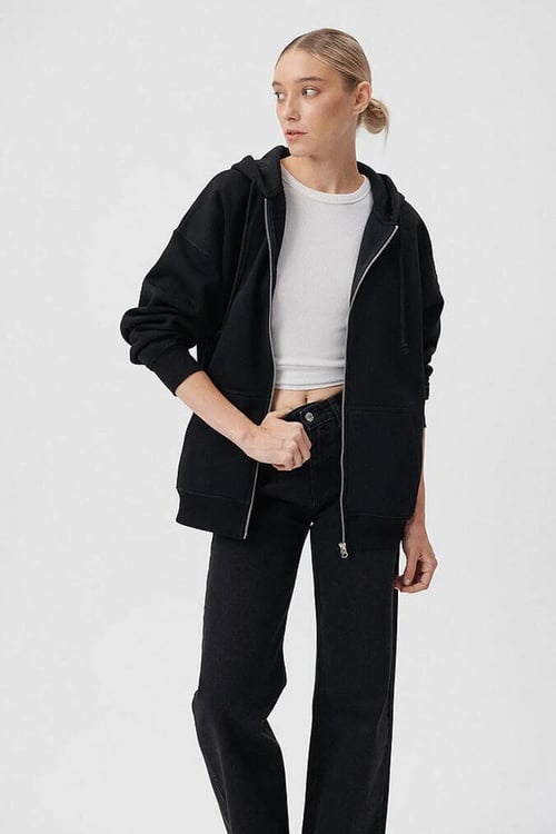Pamuklu Oversize Fermuarlı Kapüşonlu Şardonlu Kadın Sweat 1610221-900 SİYAH