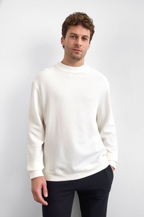 Pamuklu Oversize Fit Bisiklet Yaka Erkek Sweat B35W12007 117 EKRU