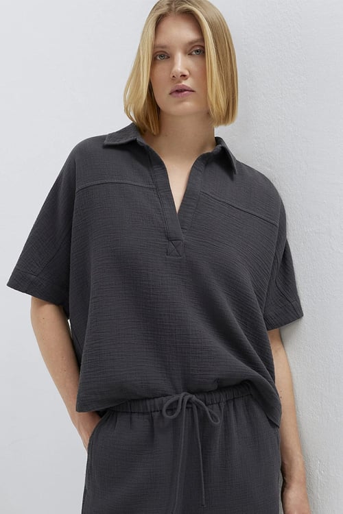 Pamuklu Oversize Fit Gömlek Yaka Kısa Kollu Kadın Bluz 1211467-70087 ANTRASİT
