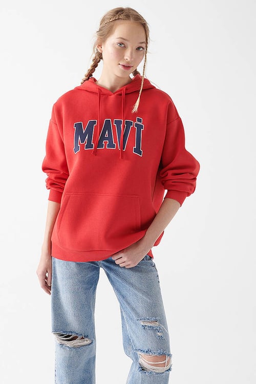 Pamuklu Oversize Kapüşonlu Kanguru Cepli Kadın Sweat 1600361-82054 KIRMIZI