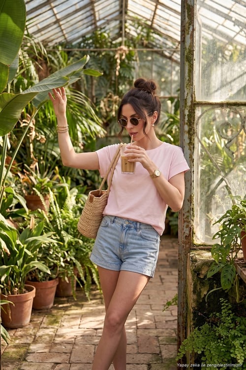 Pamuklu Rahat Kalıp Bisiklet Yaka Kadın T Shirt 5866955 PEMBE