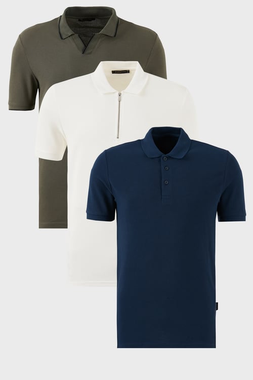 Pamuklu Regular Fit 3'lü Paket Erkek Polo Yaka T Shirt 59029641527S3 Haki-İndigo-Beyaz