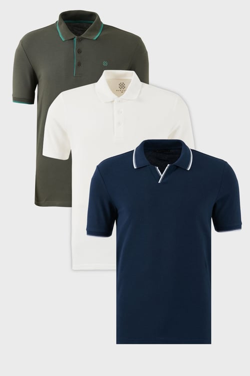 Pamuklu Regular Fit 3'lü Paket Erkek Polo Yaka T Shirt 59029641827S3 İndigo-Haki-Mint-Beyaz