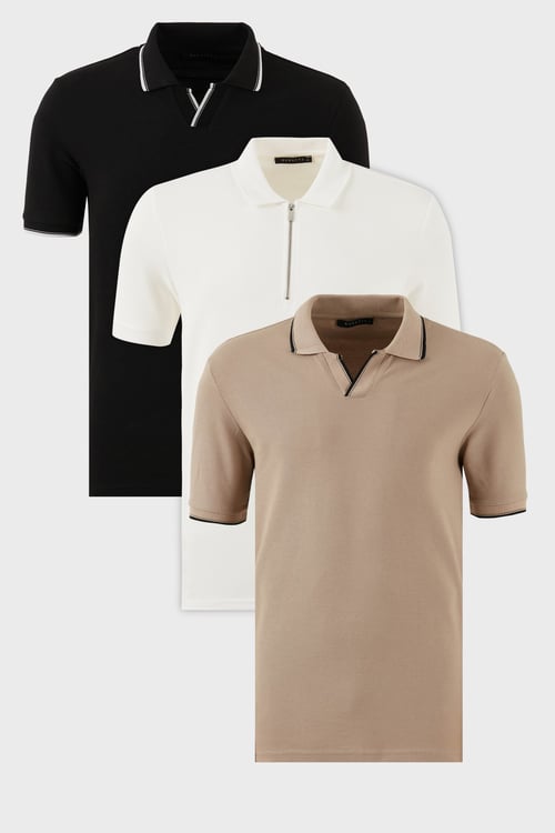 Pamuklu Regular Fit 3'lü Paket Erkek Polo Yaka T Shirt 590296415S3 Vizon-Beyaz-Siyah