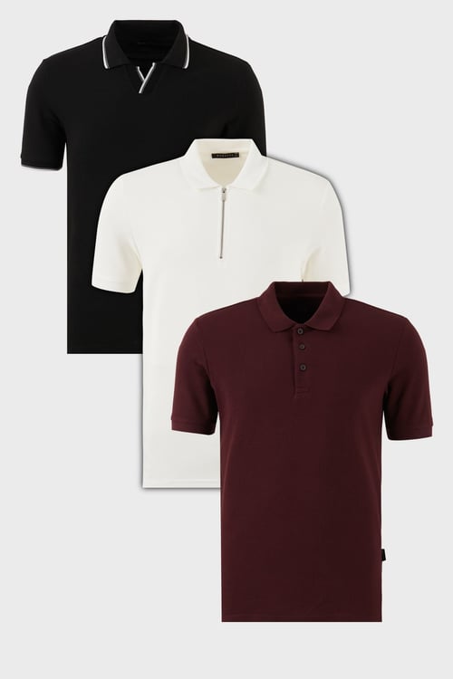 Pamuklu Regular Fit 3'lü Paket Erkek Polo Yaka T Shirt 59029641527S3 Siyah-Beyaz-Vişne