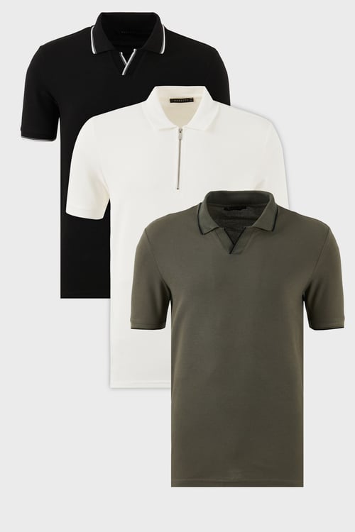 Pamuklu Regular Fit 3'lü Paket Erkek Polo Yaka T Shirt 590296415S3 SİYAH-BEYAZ-HAKİ