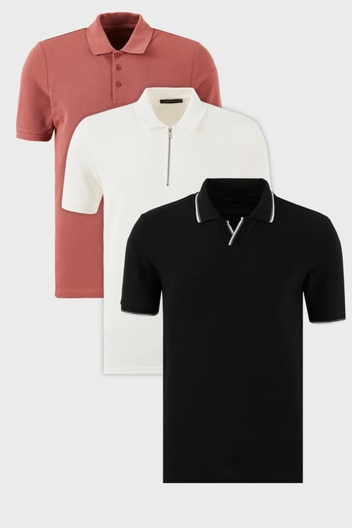 Pamuklu Regular Fit 3'lü Paket Erkek Polo Yaka T Shirt 59029641527S3 Siyah-Beyaz-Gül