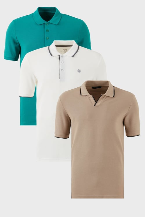 Pamuklu Regular Fit 3'lü Paket Erkek Polo Yaka T Shirt 59029641827S3 Vizon-Beyaz-Benetton
