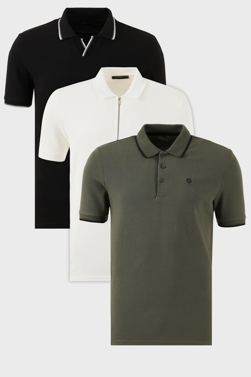 Pamuklu Regular Fit 3'lü Paket Erkek Polo Yaka T Shirt 59029641518S3 SİYAH-BEYAZ-HAKİ