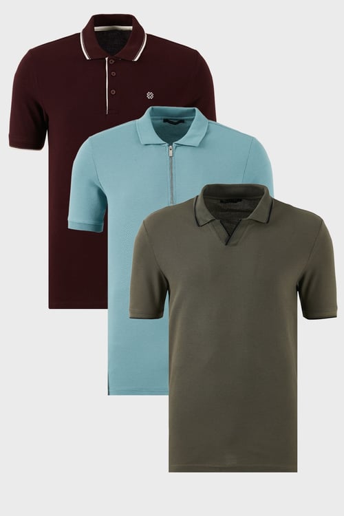 Pamuklu Regular Fit 3'lü Paket Erkek Polo Yaka T Shirt 59029641518S3 Haki-Vişne-Beyaz-Mavi