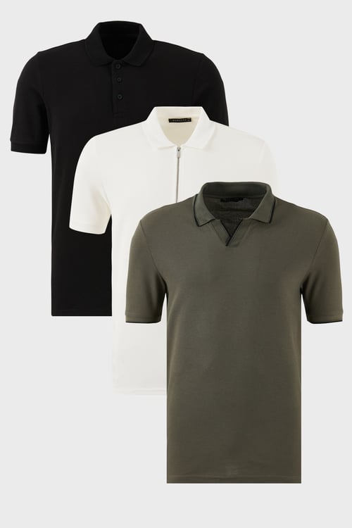 Pamuklu Regular Fit 3'lü Paket Erkek Polo Yaka T Shirt 59029641527S3 Haki-Siyah-Beyaz