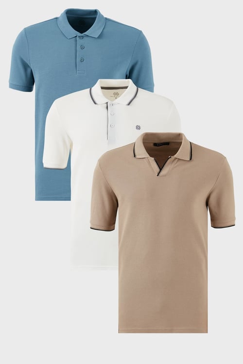 Pamuklu Regular Fit 3'lü Paket Erkek Polo Yaka T Shirt 59029641827S3 Vizon-Beyaz-Mavi
