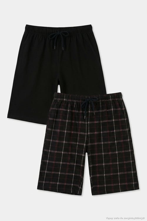 Pamuklu Regular Fit Bağlamalı Cepli 2'li Pijama Paket Erkek Şort 6574004S2 Siyah-Siyah-Bordo