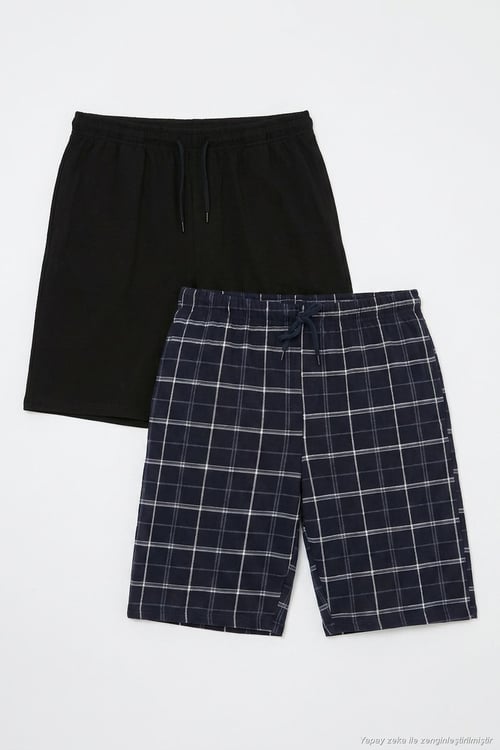 Pamuklu Regular Fit Bağlamalı Cepli 2'li Pijama Paket Erkek Şort 6574004S2 SİYAH-LACİVERT
