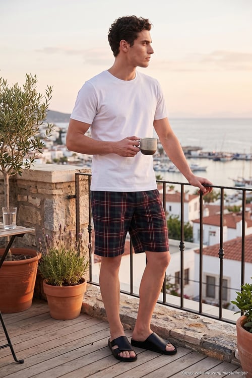 Pamuklu Regular Fit Bağlamalı Cepli Pijama Erkek Şort 6574004 YEŞİL