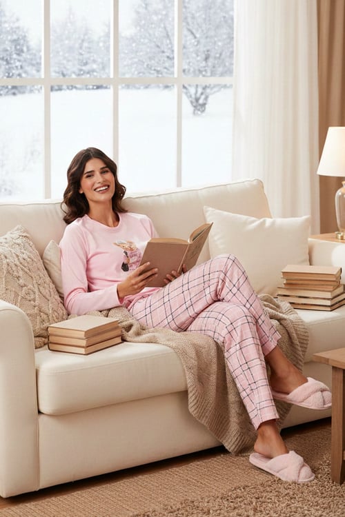 Pamuklu Regular Fit Baskılı Bisiklet Yaka Kadın Pijama Takımı 65723313 PUDRA