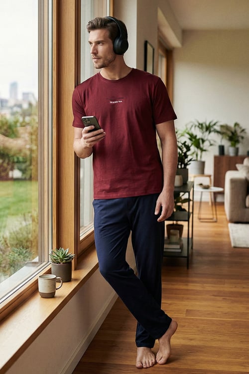 Pamuklu Regular Fit Baskılı Erkek Pijama Takımı 6096160 BORDO