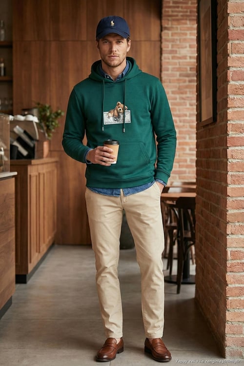 Pamuklu Regular Fit Baskılı Kanguru Cepli Kapüşonlu Erkek Sweat 6141004B PETROL