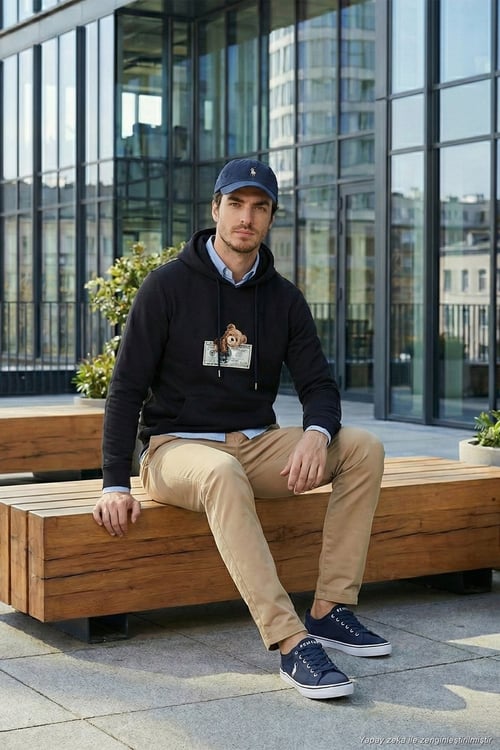 Pamuklu Regular Fit Baskılı Kanguru Cepli Kapüşonlu Erkek Sweat 6141004B LACİVERT