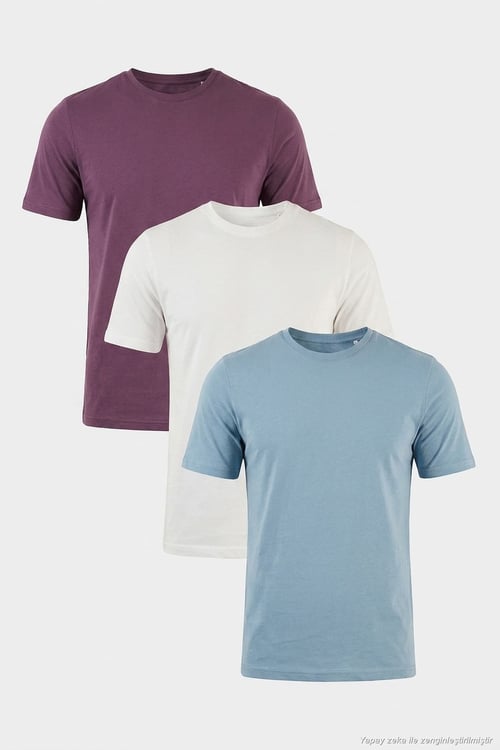 Pamuklu Regular Fit Bisiklet Yaka 3'lü Paket Erkek T Shirt 59020204S3 Mürdüm-Mavi-Ekru