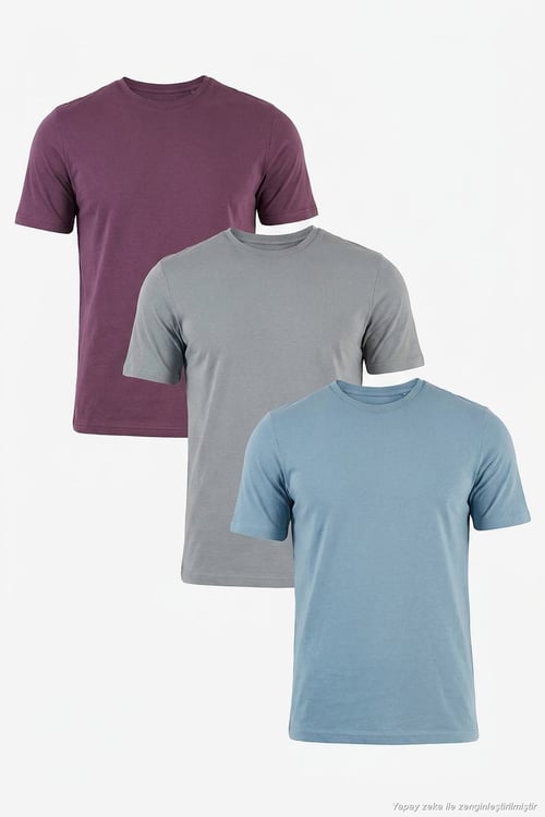 Pamuklu Regular Fit Bisiklet Yaka 3'lü Paket Erkek T Shirt 59020204S3 Mürdüm-Mavi-Açık Gri