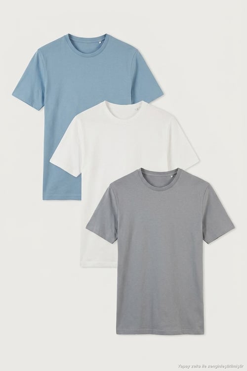 Pamuklu Regular Fit Bisiklet Yaka 3'lü Paket Erkek T Shirt 59020204S3 Mavi-Açık Gri-Ekru